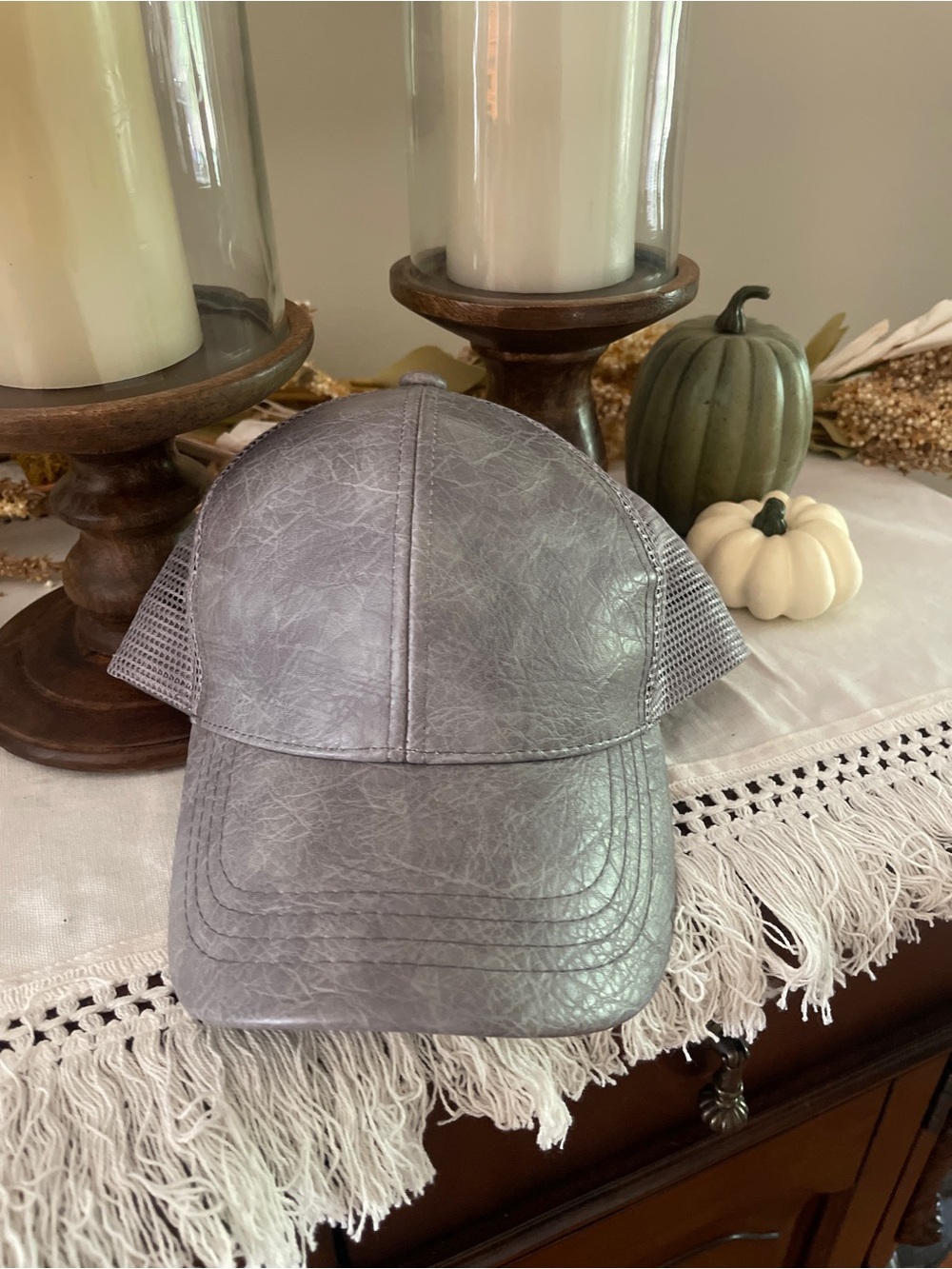 C.C. Exclusives Women's Gray Leather Fall Mesh Back Baseball Cap Hat